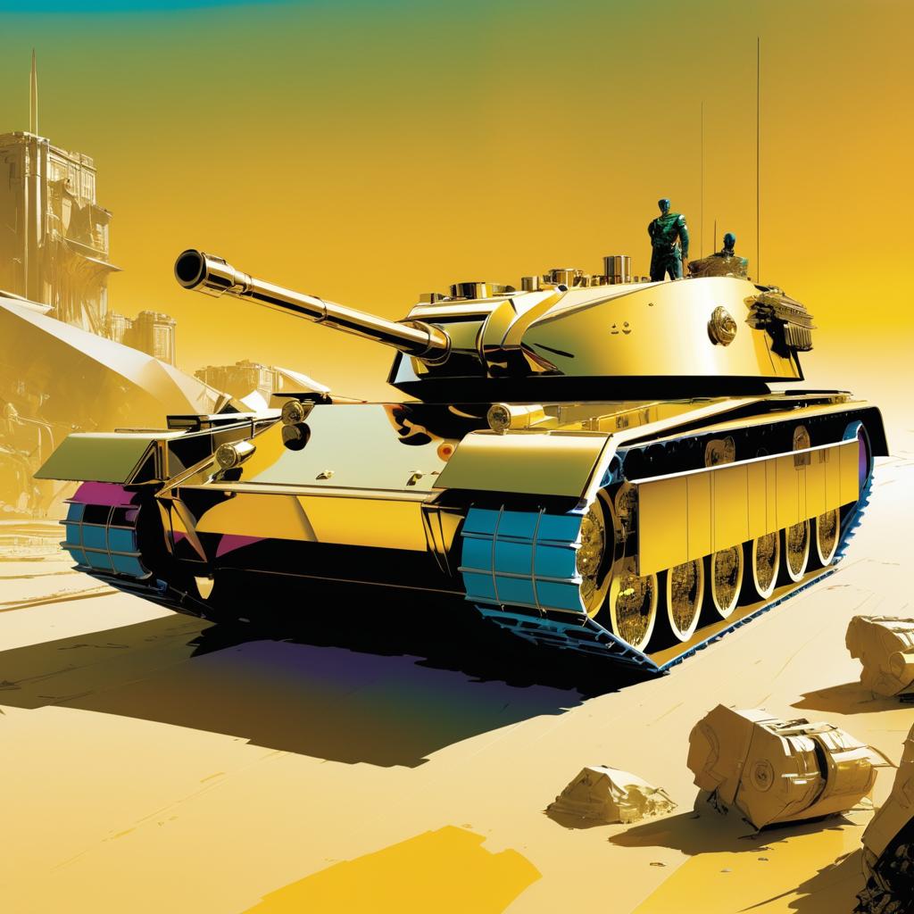 Vibrant Golden-Chrome War Tank Art