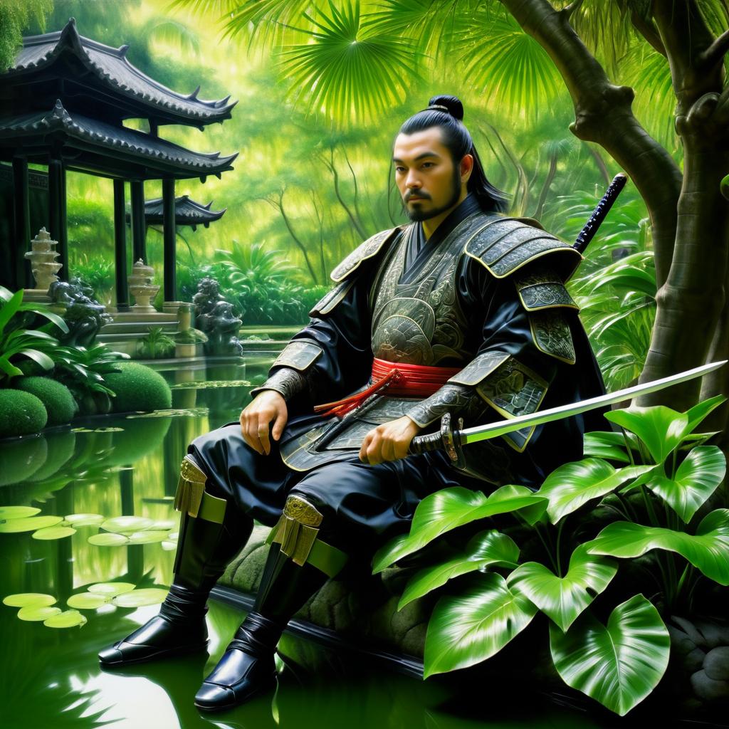 Epic Samurai Portrait in Lush Oasis