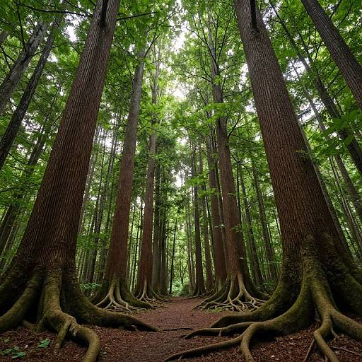 Photograph of a dense, lush redwood forest with towering trees, thick bark, and large, sprawling roots on a narrow dirt path. Bright green