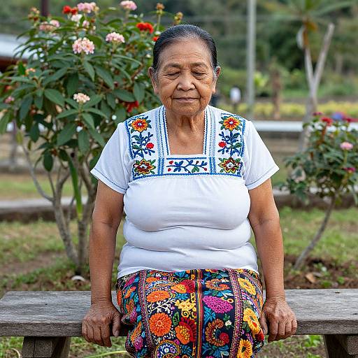 Photograph of an elderly Asian woman with dark hair, wearing a white blouse with colorful embroidered patterns and a floral skirt, sitting on a wooden bench in