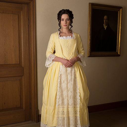 Photograph of a woman with fair skin and dark curly hair, wearing a yellow Victorian-style lace dress, standing in a dimly lit room with a