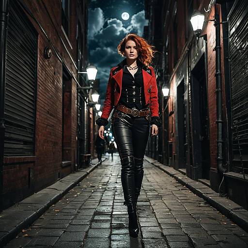 Steampunk Woman Walking in Alley at Night
