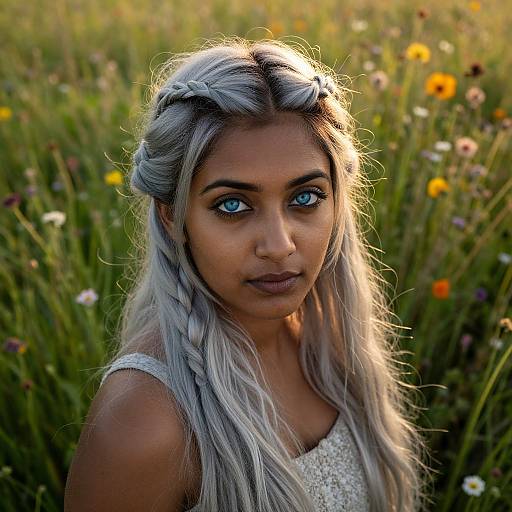 Photograph of a young woman with long, silver-braided hair, bright blue eyes, and tan skin, standing in a sunlit field of