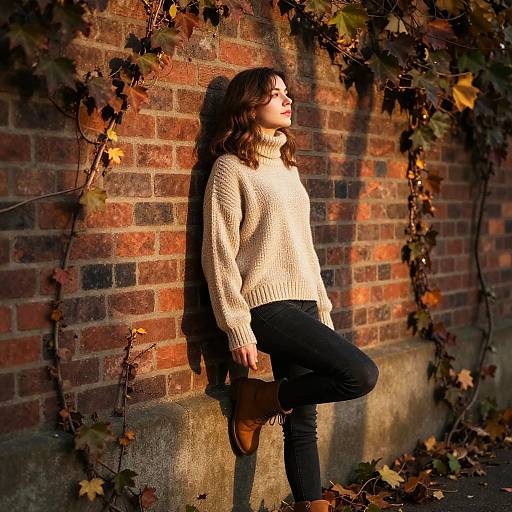 Photograph of a woman with wavy brown hair, wearing a cream knit sweater, black pants, and brown boots, leaning against a sunlit brick