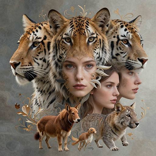 Digital collage of three human faces overlayed with large tiger heads, surrounded by smaller wolf and fox images, with ornate floral accents.