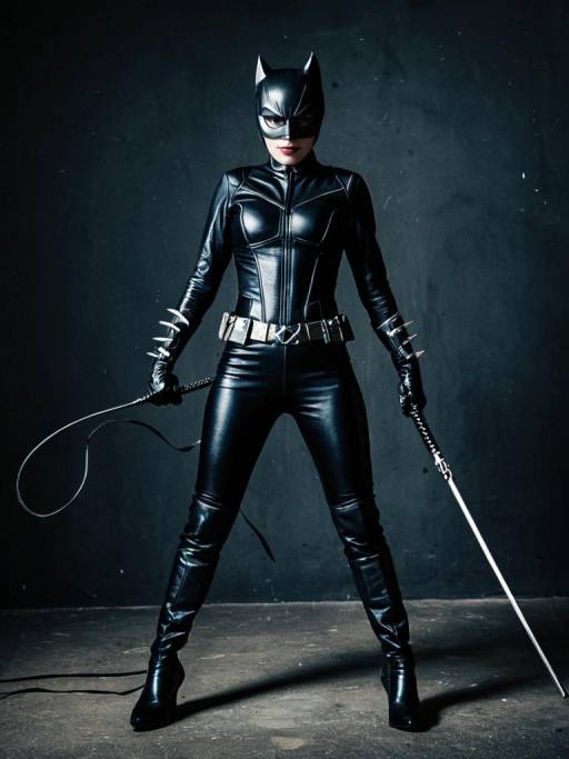 Woman in Catwoman Costume with Whip and Sword