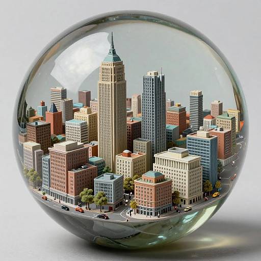 Photorealistic miniature cityscape inside a clear glass sphere, showcasing diverse skyscrapers, colorful buildings, and tiny cars on streets.