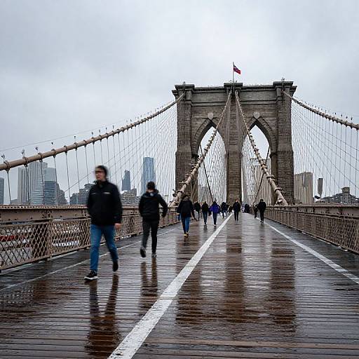 Photograph of a rainy day on the Brooklyn Bridge, with blurred pedestrians in motion, stone arches, and city skyline in the background.