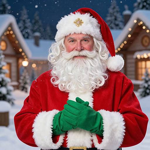 Photograph of Santa Claus with a long white beard, red velvet suit, green gloves, standing in a snowy, nighttime village.