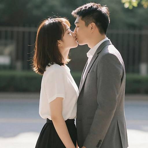 Sunlit Couple Kissing Outdoors Near Fence