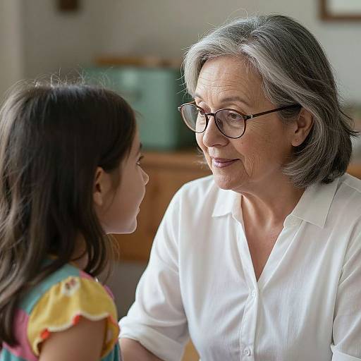 Photograph of an elderly woman with gray hair, glasses, and white blouse smiling at a young girl with dark hair and colorful dress. Bright indoor background