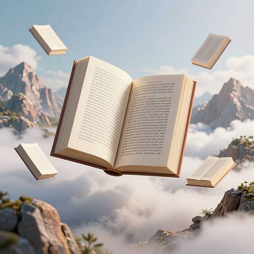 Photorealistic CGI of an open book with text floating amidst floating books, set against a mountainous, cloudy sky backdrop.
