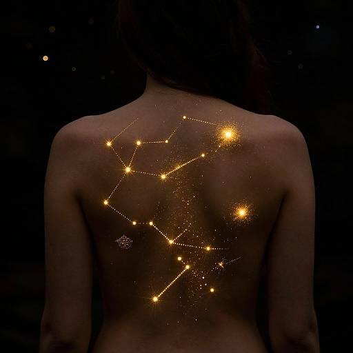 Photograph of a bare-backed person with glowing constellation map on their back, set against a dark, starry background.
