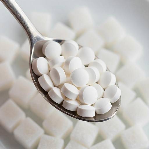 Close-Up of Spoon with Tablets and Sugar
