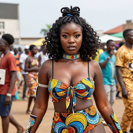 Photograph of a confident, dark-skinned woman with curly hair in vibrant, colorful, patterned bikini and accessories, standing in a bustling outdoor market