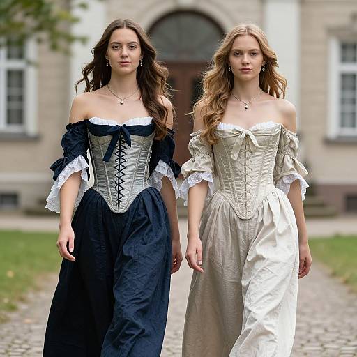 Photograph of two women in Victorian-style dresses: the left wears black with white lace, the right wears white with lace, standing on a gravel path
