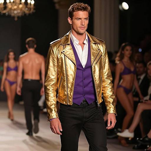 Fashion Model in Gold Leather Jacket on Runway