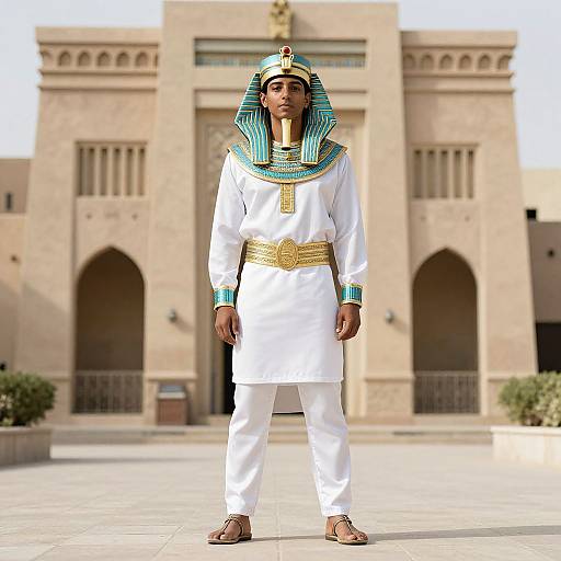 Photograph of a man in ancient Egyptian attire with a white tunic, striped headdress, gold belt, and sandals, standing in front of a