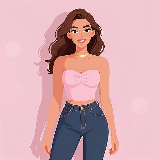 Digital illustration of a smiling woman with long brown hair, wearing a white strapless top and high-waisted blue jeans, standing against a pink background