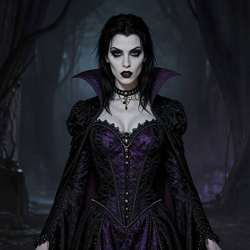 Digital artwork of a pale, dark-haired vampire woman with black lipstick, wearing a Victorian-style, black lace dress with a high collar, in a dark