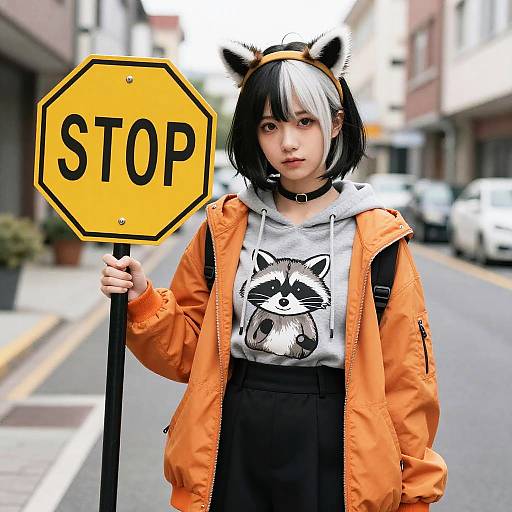 Photograph of an Asian woman with black-and-white bob haircut, fox ears, holding a yellow 