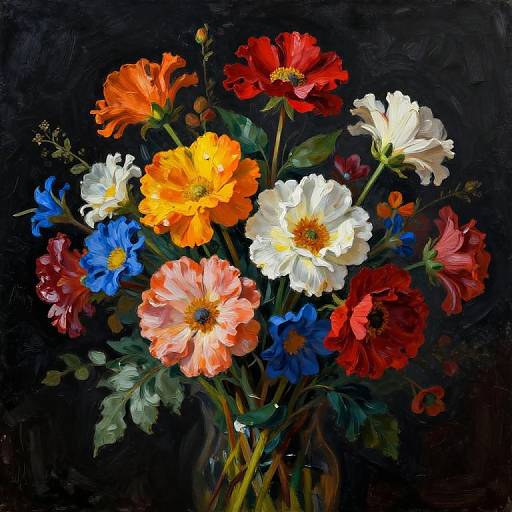 Vibrant still life painting of a bouquet featuring orange, red, white, and blue flowers with green leaves, set against a dark background.