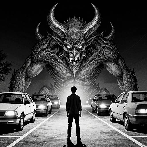 Black-and-white digital illustration: Silhouetted man faces monstrous, horned, dragon-like creature in parking lot, surrounded by cars with headlights on