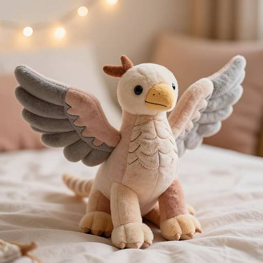 Photograph of a soft, pastel-colored, plush griffin toy with gray wings, white and pink fur, standing on a bed with warm fairy