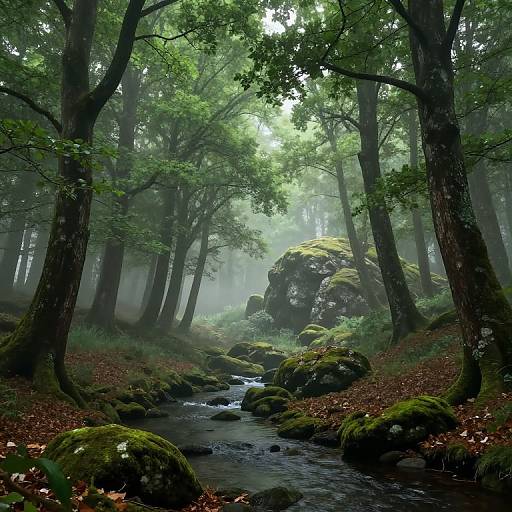 Photograph of a misty forest with tall trees, moss-covered rocks, a flowing stream, and sunlight filtering through the dense foliage.