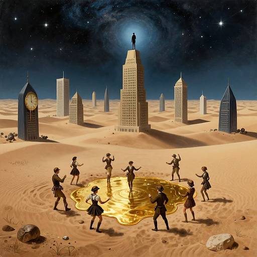 Digital artwork: Silhouetted girls in skirts and hats dance around a glowing puddle in a surreal desert, with tall skyscrapers and a