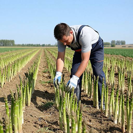 Photograph of a male farmer with short dark hair, wearing a white shirt, black vest, and gloves, planting asparagus in a sunlit,
