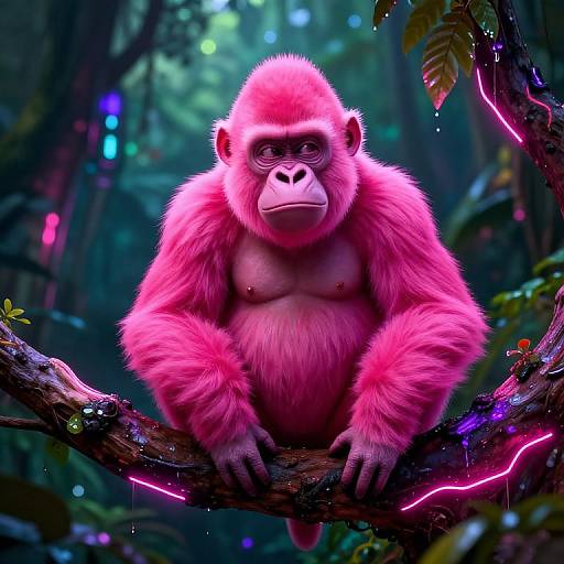 Digital illustration of a pink-furred, muscular, anthropomorphic baboon with small nipples, sitting on a neon-lit, misty jungle branch,