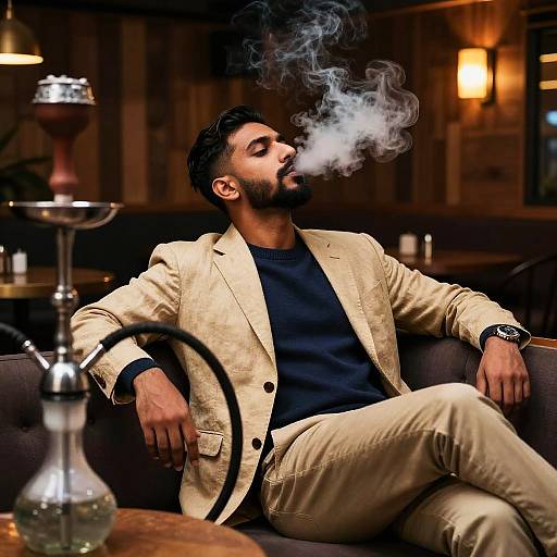 Stylish Man Lounging in Hookah Bar