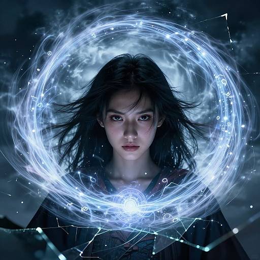Digital artwork of a fierce young woman with long black hair, surrounded by a glowing blue magical circle, set against a dark, cloudy background. Her intense