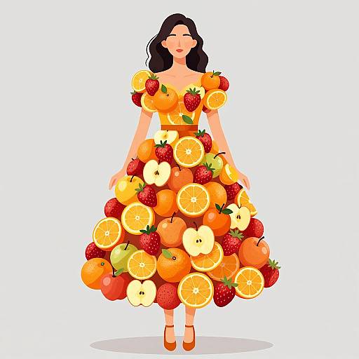 Digital illustration of a woman with long black hair, wearing a vibrant dress adorned with orange slices, strawberries, and apples, standing against a white background.