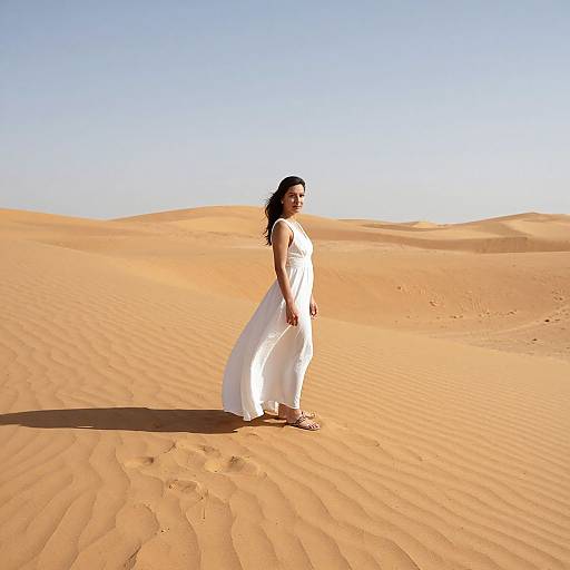 Photograph of a woman with long dark hair in a flowing white dress standing in a vast, sunlit desert with rippled sand dunes under a