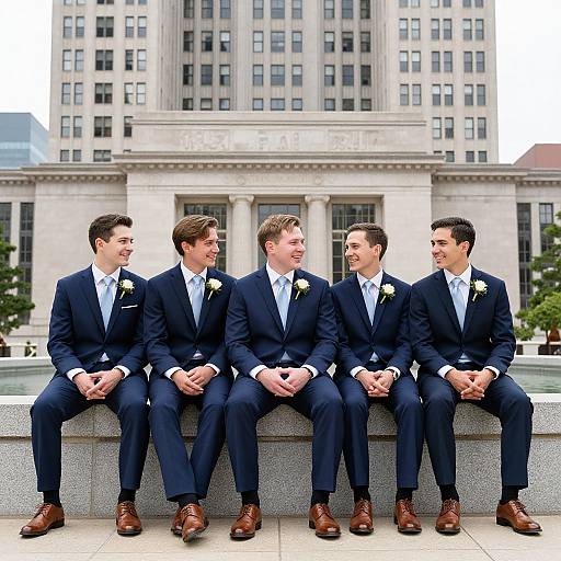 Five groomsmen in navy blue suits with white roses, sitting on a stone ledge, smiling at each other, in front of a grand, ne