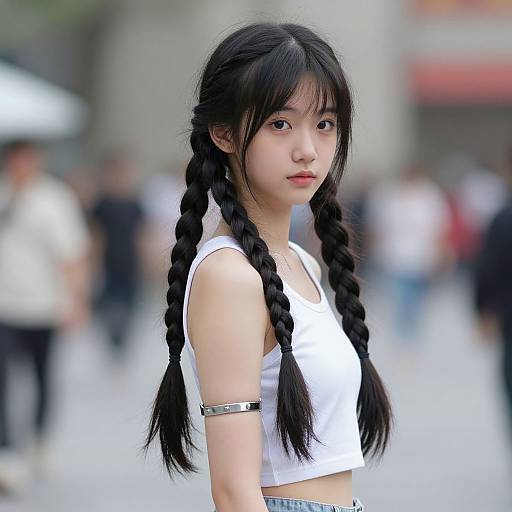 Photograph of an Asian woman with long black braided hair, wearing a white crop top, silver arm band, and standing in a blurred urban street