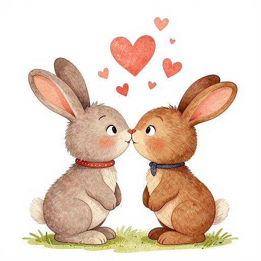 Cute digital illustration of two rabbits, one gray with a red collar, one brown with a blue collar, kissing while red hearts float above.