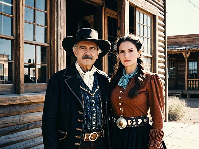 Photograph of an older man with a mustache and black cowboy hat, and a woman with dark hair in a brown Victorian dress, standing in front