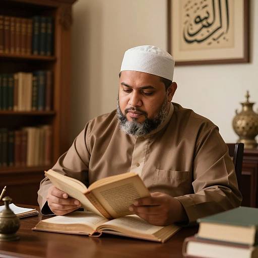 Photograph of a bearded, brown-skinned man with a white cap, reading an open book in a warmly lit study with bookshelves and