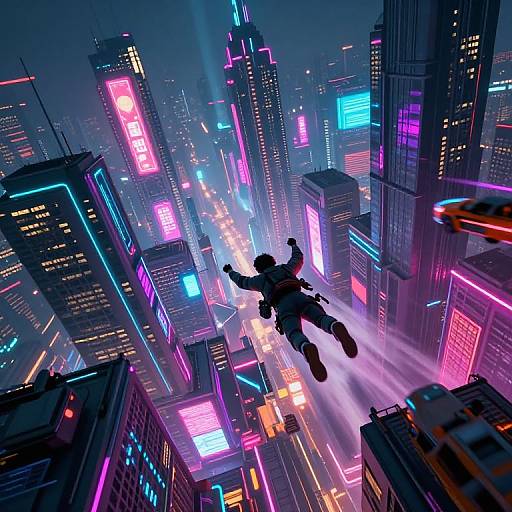 Digital artwork of a person in a dynamic mid-air leap through a neon-lit, futuristic cityscape with glowing skyscrapers and vivid lights.