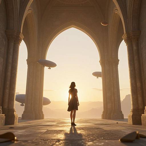 Silhouette of a girl in a dress, standing in a sunlit, grand, arched stone hallway with hovering airships. Digital art.