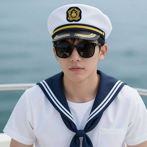 Photograph of a young Asian boy in a white sailor uniform and cap with black sunglasses, standing against a blue ocean background.