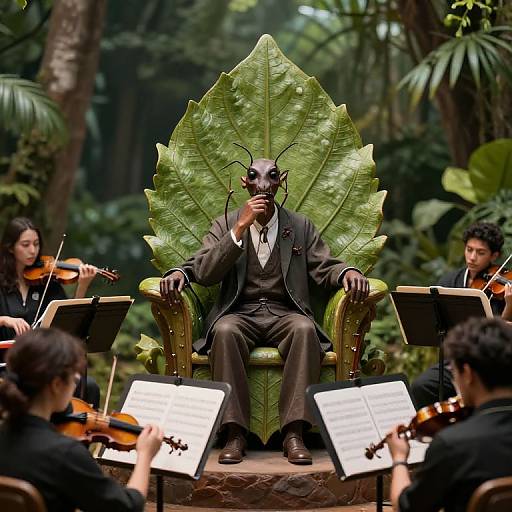 Photograph of a masked, dark-skinned figure in a black suit, seated on a large green leaf throne, surrounded by string musicians in a lush