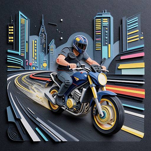 Digital illustration of a motorcyclist in a black helmet and outfit, racing through a neon-lit, futuristic city at night.