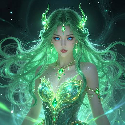 Digital art of a glowing green-haired woman with blue eyes, wearing intricate green and gold jewelry, and a magical, ethereal aura.