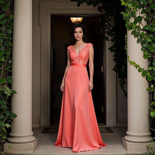 Photograph of a tall woman in a coral, lace-trimmed, floor-length gown standing between two white columns with green ivy, under a