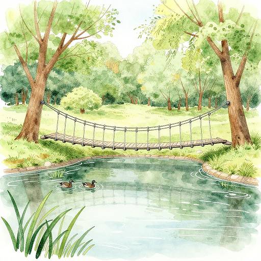 Watercolor illustration of a serene forest scene with a wooden suspension bridge over a calm pond, two ducks swimming, and lush green trees in the background.