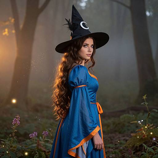 Witch in Blue Dress in Enchanted Forest